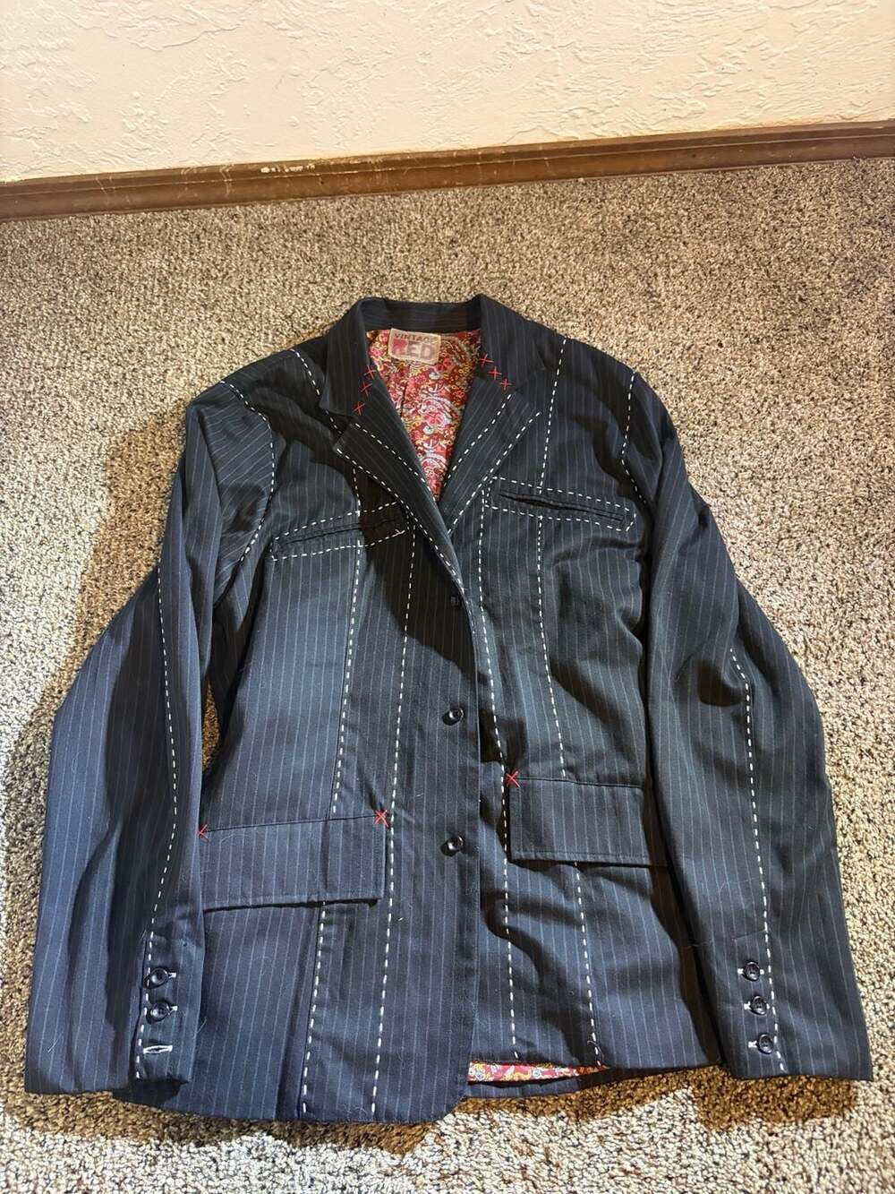 Vintage Red Black Pinstripe Blazer with Contrast Stitching and Paisley Lining